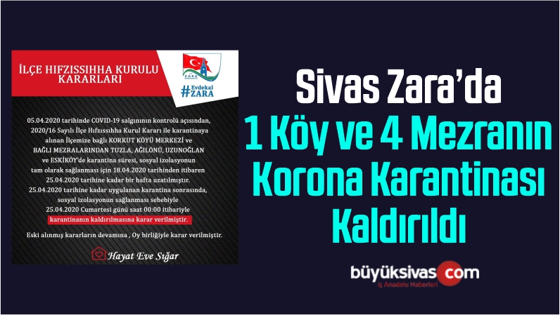 Sivas’ta 1 Köy ve 4 Mezranın Korona Karantinası Kaldırıldı
