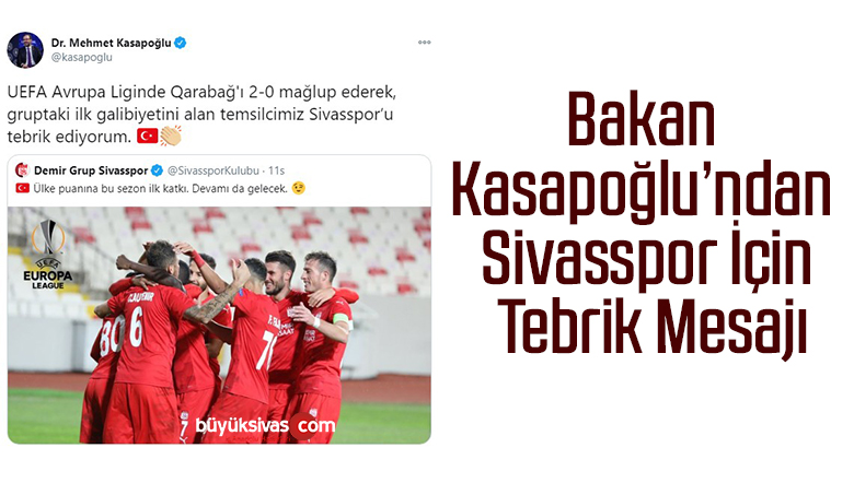 Bakan Kasapoğlu’ndan Sivasspor için tebrik mesajı