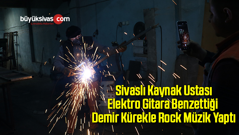 Elektro gitara benzettiği demir kürekle rock müzik yaptı