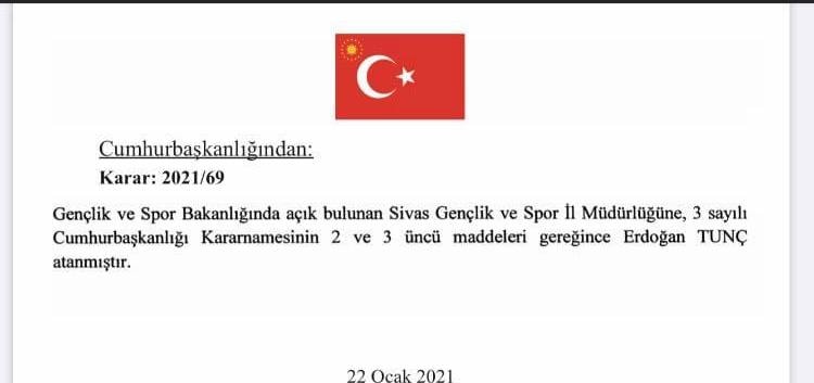 Sivas Gençlik Spor İl Müdürü Erdoğan Tunç Asaleten Atandı
