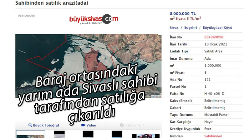 Baraj ortasındaki yarım ada, Sivaslı sahibi tarafından satılığa çıkarıldı