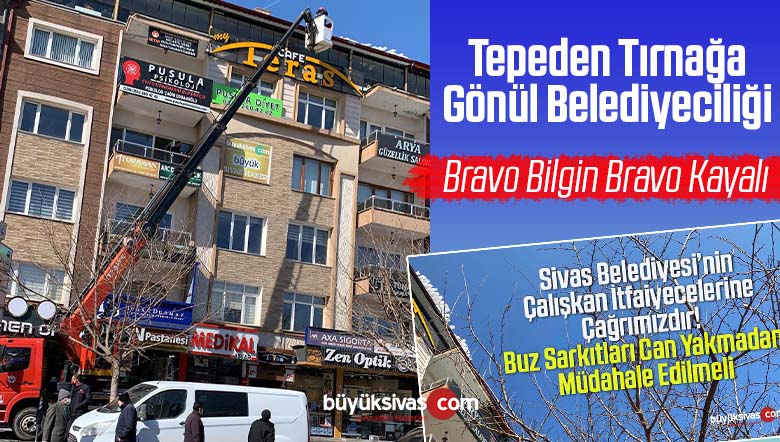 Sivas Belediyesi İtfaiye Ekipleri Çatılardaki Buz Sarkıtlarını Temizledi