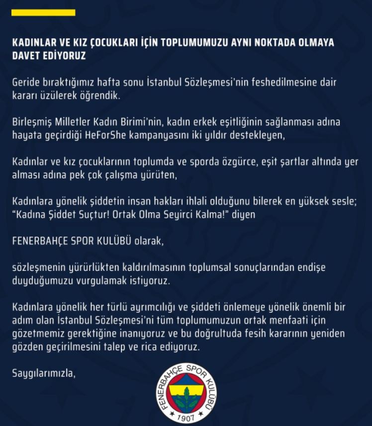 Fenerbahçe ‘İstanbul Sözleşmesi’ hakkında açıklama yaptı