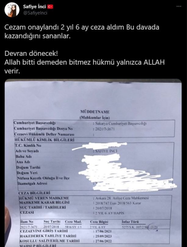 Atatürk’e hakaret eden Safiye İnci, 2 yıl 6 ay hapis cezası aldı