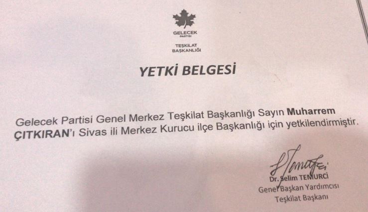 Muharrem Çıtkıran Gelecek Partisi Sivas Merkez İlçe Başkanı oldu