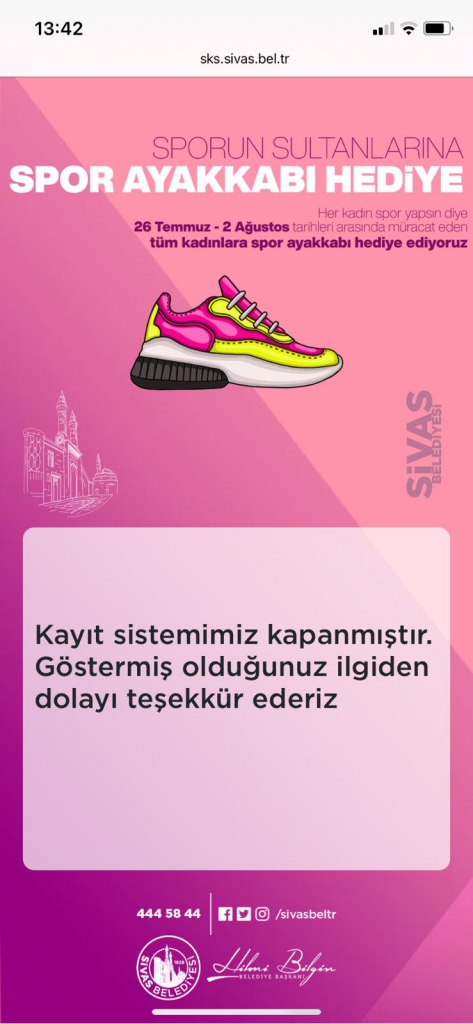 Sivas Belediyesi Ücretsiz Spor Ayakkabı Başvuru Sistemi Çalışmıyor!