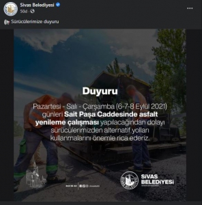 Sivas Belediyesi duyurdu! O caddede yol kapatılacak!