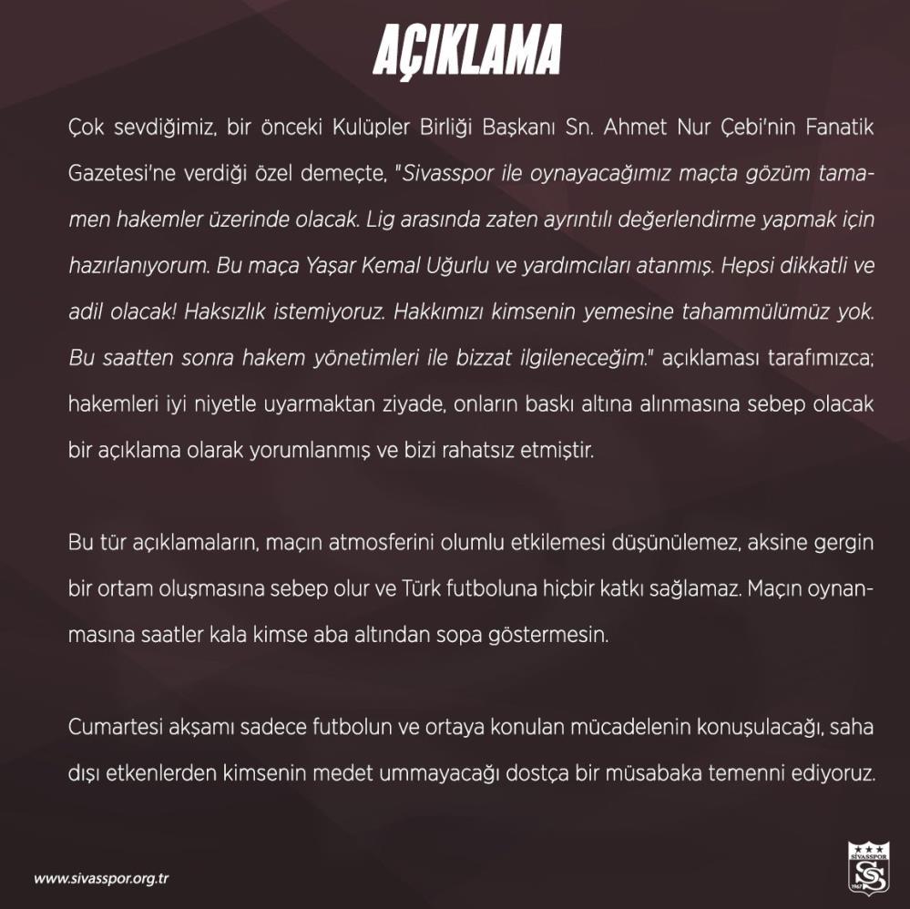 Sivasspor’dan Beşiktaş Başkanı Ahmet Nur Çebi’nin açıklamasına tepki!