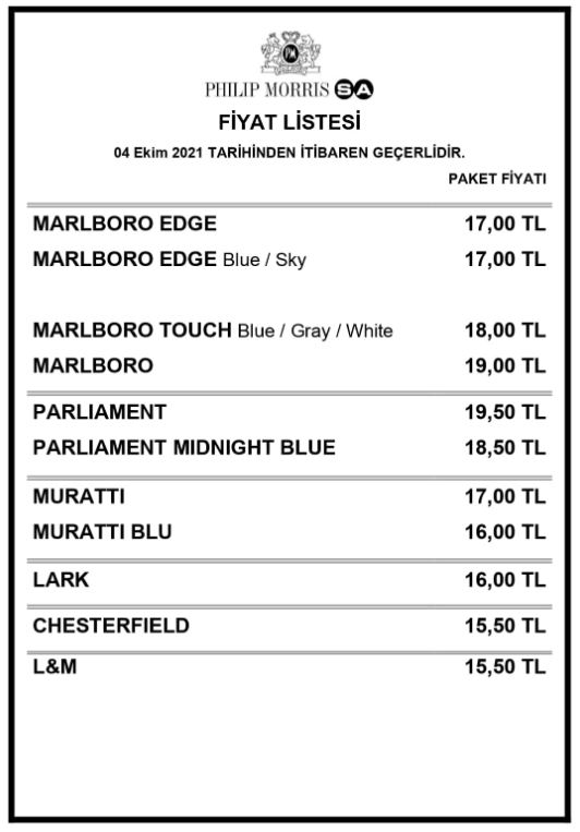 Sigara fiyatlarına 4 Ekim 2021 itibarıyla zam yapıldı