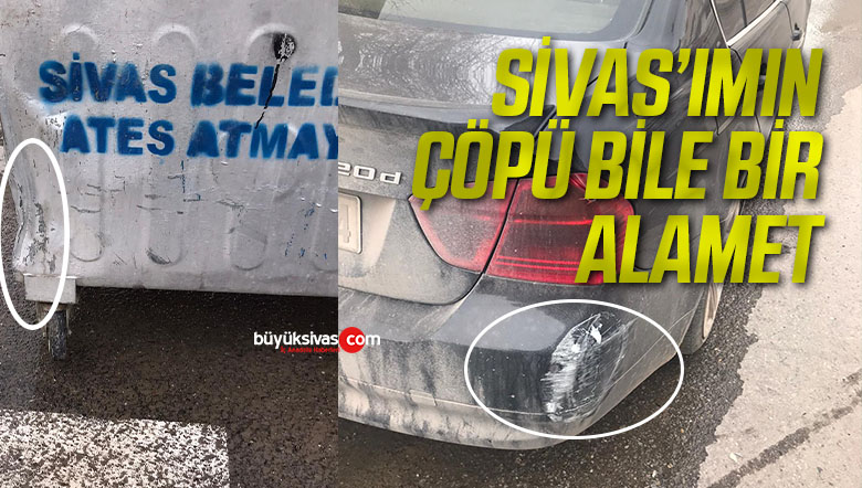 Sivas’ta yokuş aşağı inen çöp konteyneri arabaya çarparak durdu