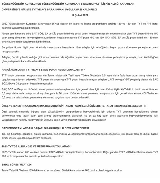 TYT ve AYT Sınavlarının Barajı Kaldırıldı