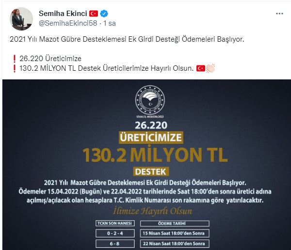 Sivas Mazot ve Gübre Desteği ödemeleri bugün başladı