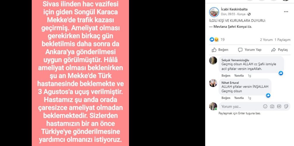Mekke’de Kaza Geçiren Sivaslı Hacı Günlerdir Türkiye’ye Getirilmeyi Bekliyor