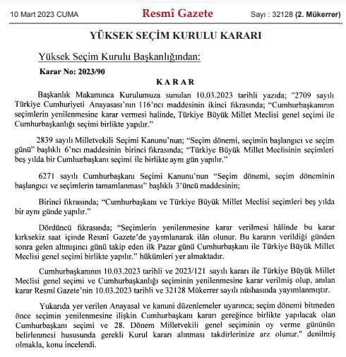 YSK’nın seçim kararları Resmi Gazete’de!