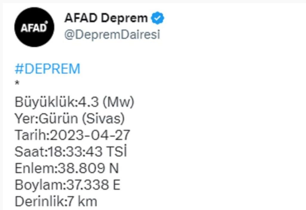 Sivas’ta 4.3 büyüklüğünde deprem!
