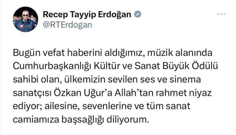 Cumhurbaşkanı Erdoğan’dan Özkan Uğur için başsağlığı mesajı!