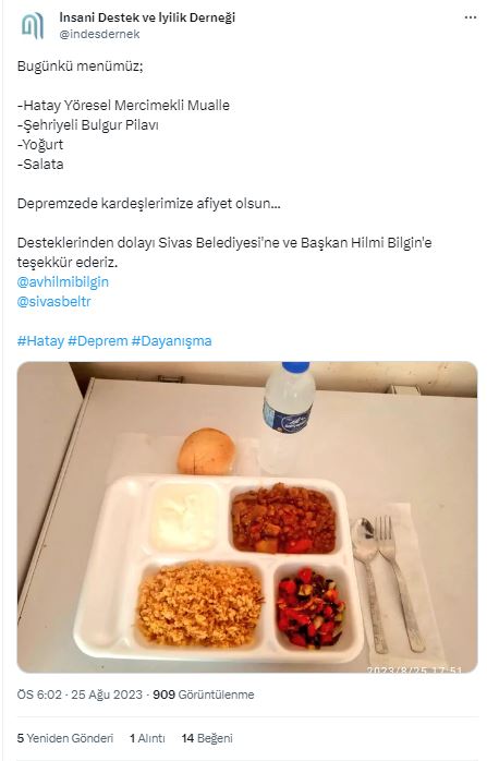 Başkan Bilgin Deprem Bölgesini Unutmadı! Hatay’dan Sivas’a Teşekkür!