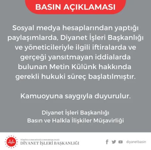 Diyanet’ten Metin Külünk hakkında suç duyurusu!