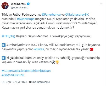 Süper Kupa Maçı Sivas’ta Oynansın! Ulaş Karasu’dan Çağrı!
