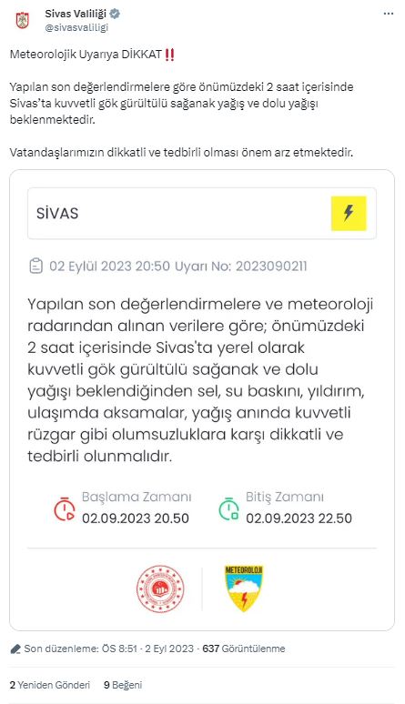 Sivas’ta Önce Valilik Sonra Belediye Uyardı! Önümüzdeki 2 Saat İçerisinde..