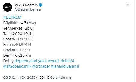 Bolu’da 4.5 büyüklüğünde deprem!