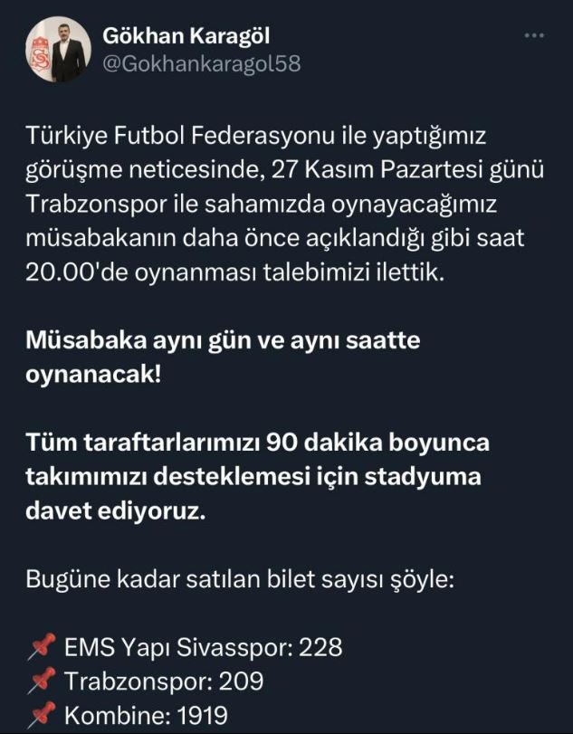 Sivasspor’dan Trabzonspor maçının saatine ilişkin açıklama!