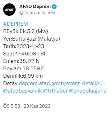 Malatya’da 5,2 büyüklüğünde deprem! Çok sayıda ilde hissedildi