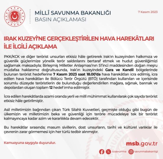 Irak’ın kuzeyine hava harekatı! 12 hedef vuruldu!