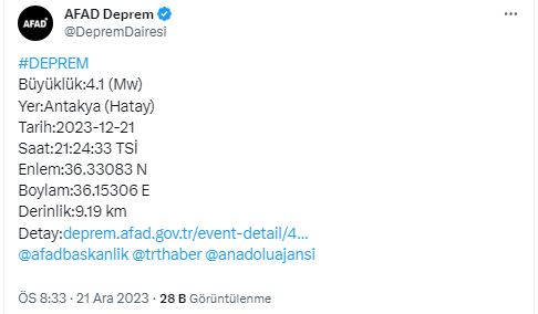 Hatay’da 4.1 büyüklüğünde deprem!