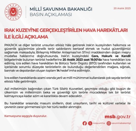 Irak’ın kuzeyine hava harekatı! 14 hedef imha edildi!