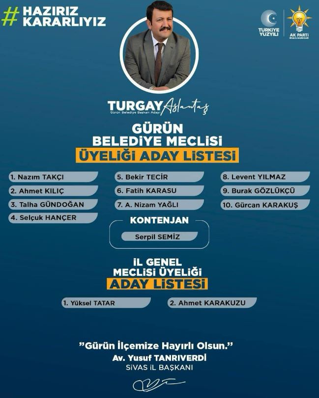 AK Parti Gürün İl Genel ve Belediye Meclisi Üyesi Adayları Belli Oldu!