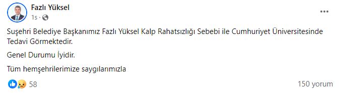 Sivas’ta O İlçenin Belediye Başkanı Hastanede!