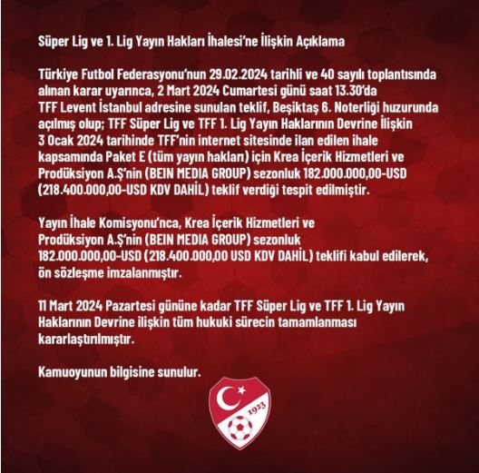 TFF yayın ihalesini yeniden BEIN MEDIA GROUP’a verdi!