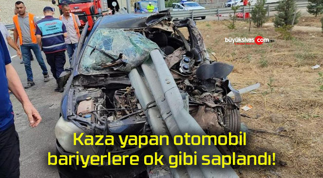 Kaza yapan otomobil bariyerlere ok gibi saplandı!