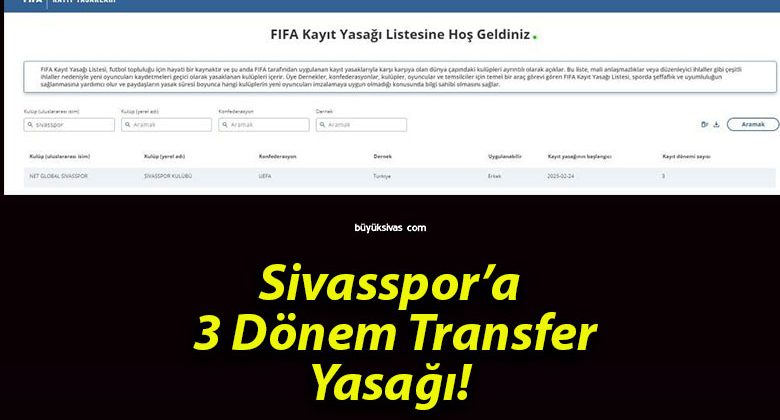 Sivasspor’a 3 Dönem Transfer Yasağı!