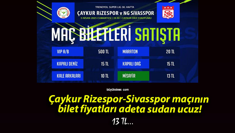 Çaykur Rizespor-Sivasspor maçının bilet fiyatları adeta sudan ucuz!