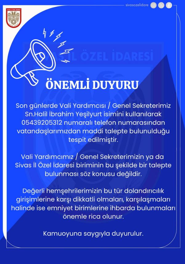 Sivas İl Özel İdaresi’nden Önemli Duyuru! İşte O Telefon Numarası!