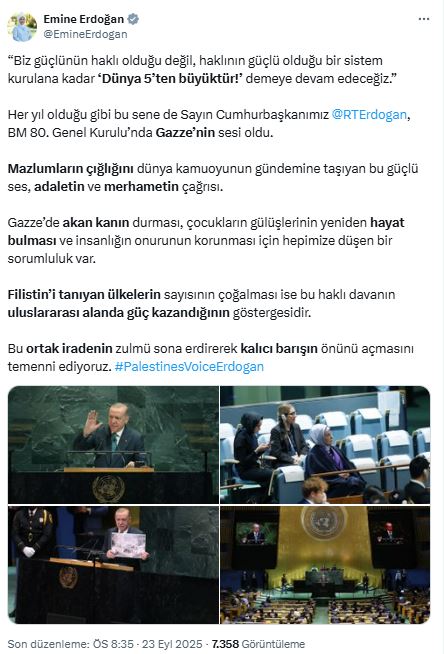 Emine Erdoğan’dan BM paylaşımı: “Dünya 5’ten büyüktür demeye devam edeceğiz”