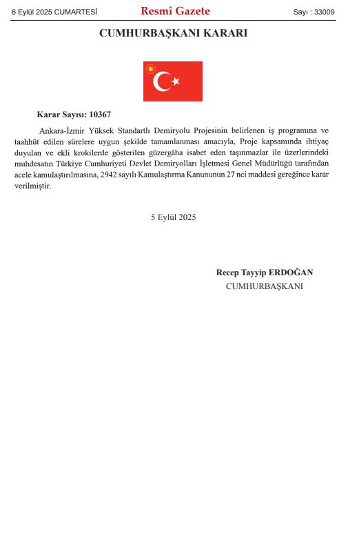 Ankara-İzmir Yüksek Standartlı Demiryolu Projesi için acele kamulaştırma kararı!