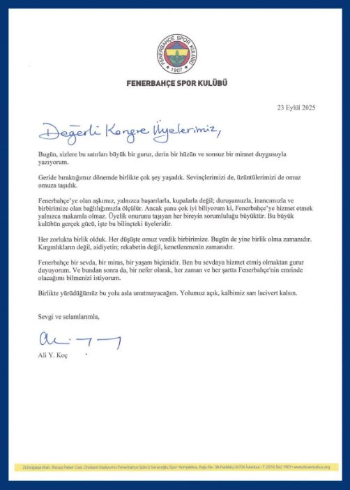 Ali Koç’tan veda mektubu: “Her zaman Fenerbahçe’nin emrindeyim”