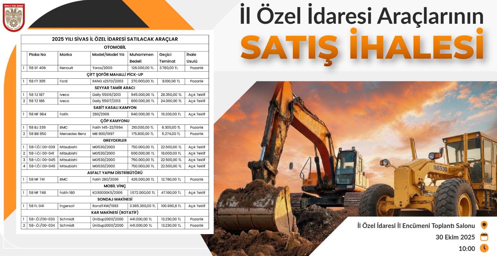 Sivas İl Özel İdaresi Araçlarını Satıyor! İşte Fiyatlar..