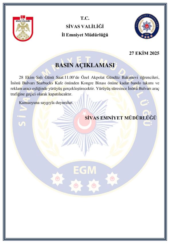 Sivas’ta 28 Ekim’de Yol Kapatılacak! Emniyetten Uyarı!