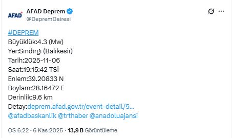 Balıkesir’de 4.3 büyüklüğünde deprem!