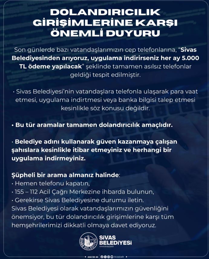 Dikkat Sivas! Belediye Uyardı! 5.000 TL ödeme yapılacak…