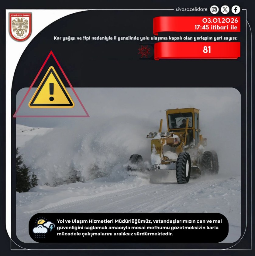 Sivas’ta kar ve tipi nedeniyle 81 yerleşim yerine ulaşım sağlanamıyor!