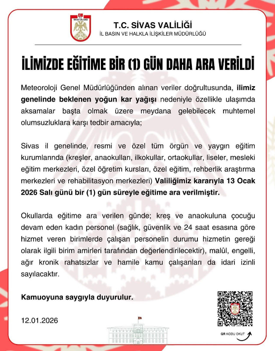 Sivas’ta Okullar Tatil Edildi!