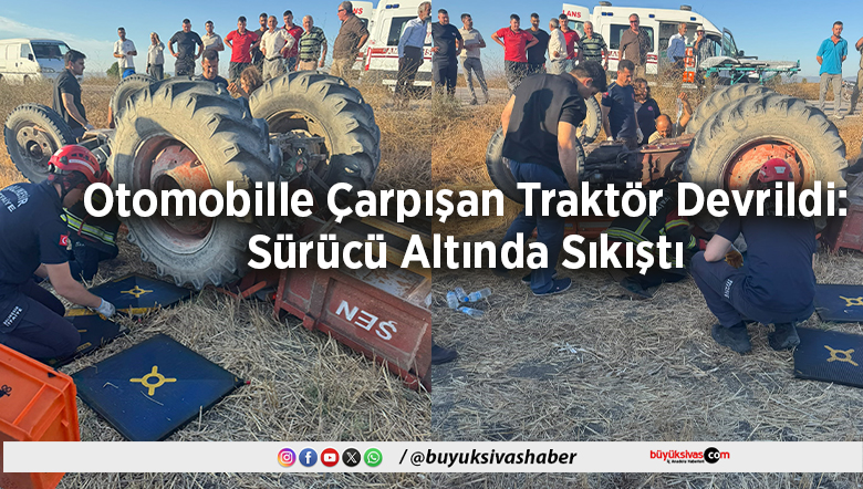 Otomobille Çarpışan Traktör Devrildi